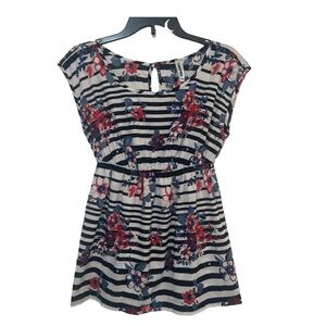 WURL Black & White Striped Floral Cap Sleeve Tunic Top - Size Medium